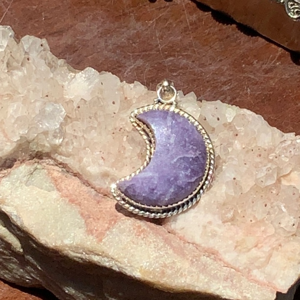 PURPLE LEPIDOLITE CRESCENT MOON 925 STERLING SILVER PENDANT